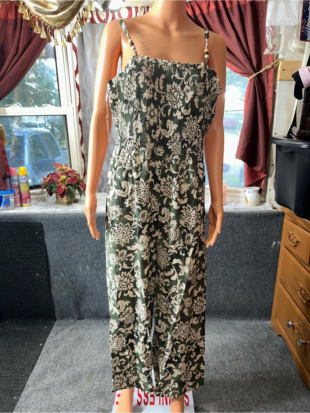 Sleeveless Green Floral Maxi Dress with Smocked Bodice